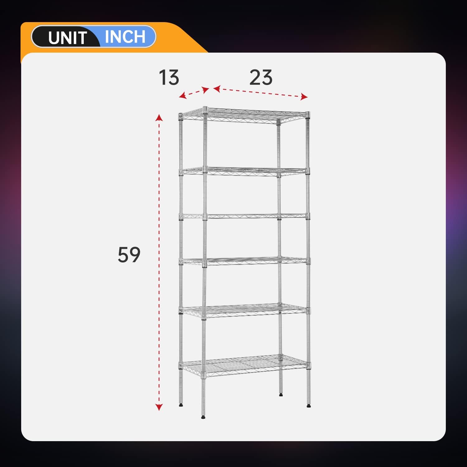 BestOffice Adjustable Wire Shelving Unit - Heavy Duty Storage Shelves for Small Spaces | Chrome, 13" D x 23" W x 59" H