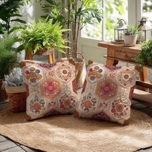 Moroccan Floral Throw Pillow Covers 18x18 Set of 2, Boho Decorative Cushions