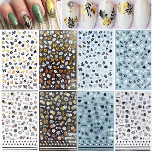 Fall Maple Leaf Nail Art Stickers 8 Sheets 3D Thanksgiving Decals