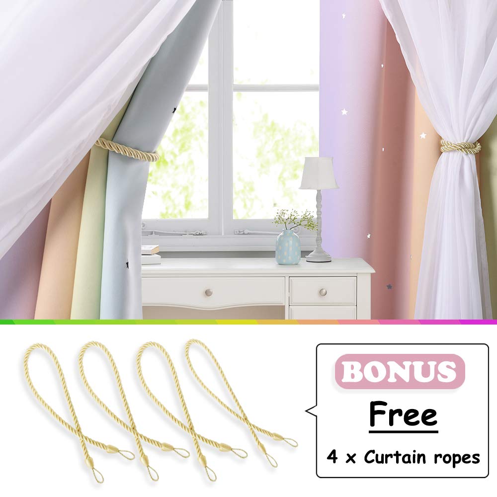 NICETOWN Rainbow Star Curtains for Girls Bedroom, Double Layer Colorful Stripes Kids Blackout Curtains Plus White Sheer Livingroom Window Curtains for School Classroom (Rainbow, W52 x L84, Sold by 2)