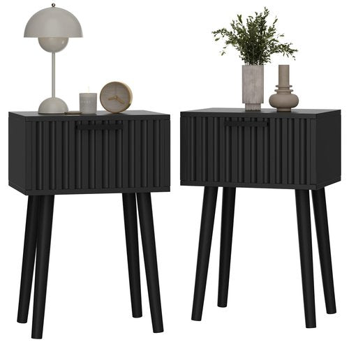 YMYNY Fluted Nightstand Set of 2, Small End Table, Modern Coffee Table with Drawer, Solid Wood Legs, Retaining Chain, 13.8" x 10.6" x 20.9", for Bedroom and Small Spaces, Black UHST014B-2