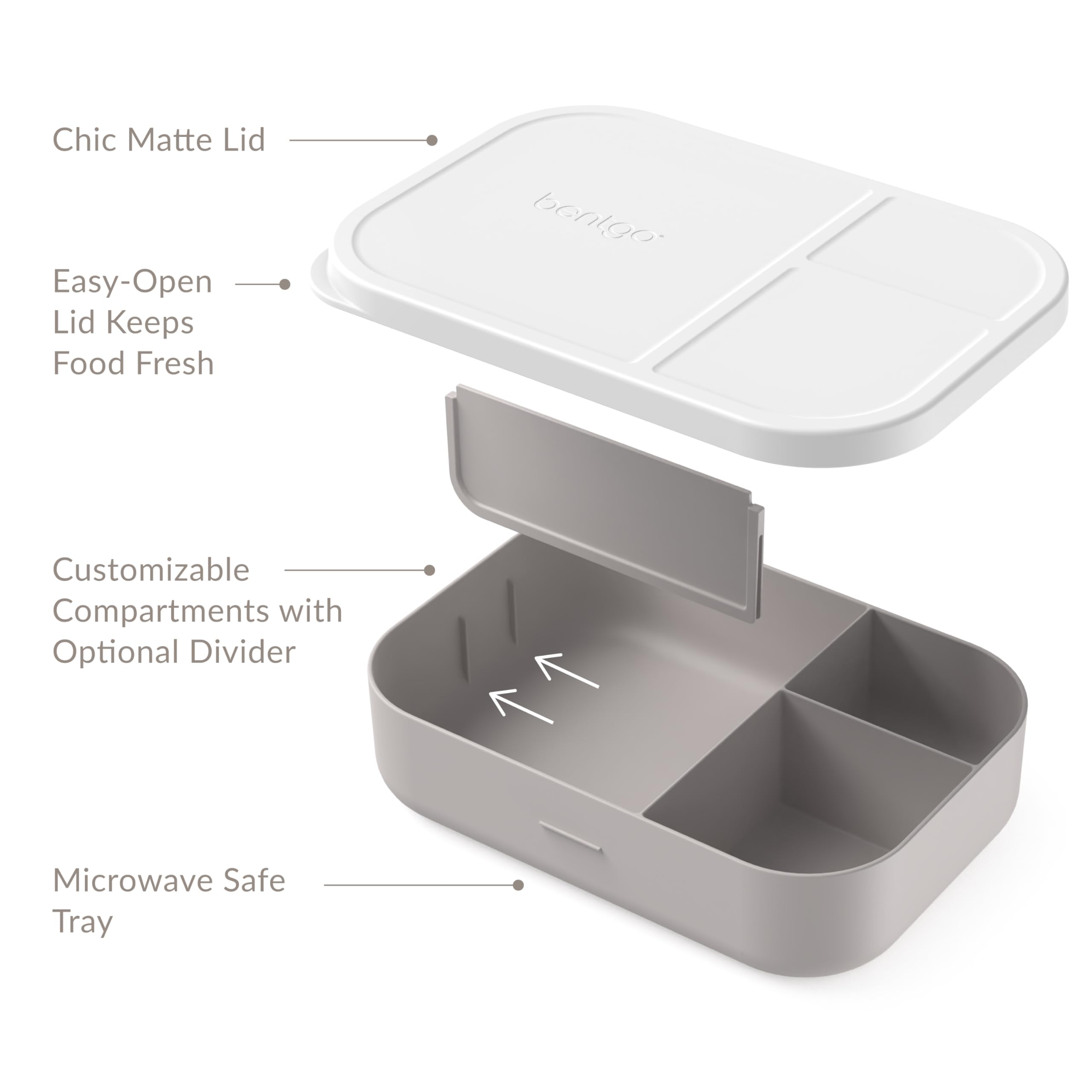 Bentgo® Modern Tray with Matte Lid - Reusable, BPA-Free, Meal Prep Containers for Adults with Removable Divider - 3 or 4 Compartments for Healthy Portioned Meals At Home & On the Go (White)
