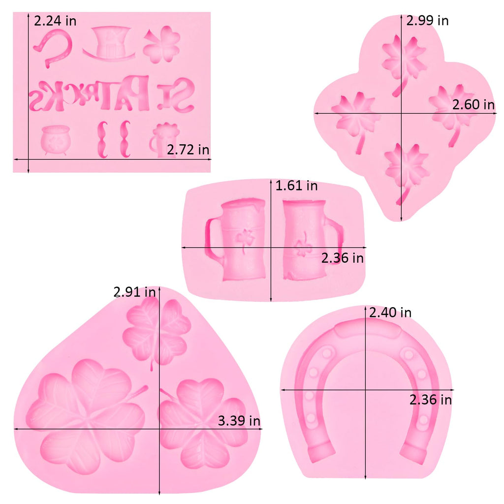 5Pcs St. Patrick's Day Silicone Molds, Shamrock Four-Leaf Clover Fondant Molds, Irish Hat Beard Beer Horseshoe Chocolate Baking Molds for Cake Decoration Cupcake Topper Candy Clay Resin