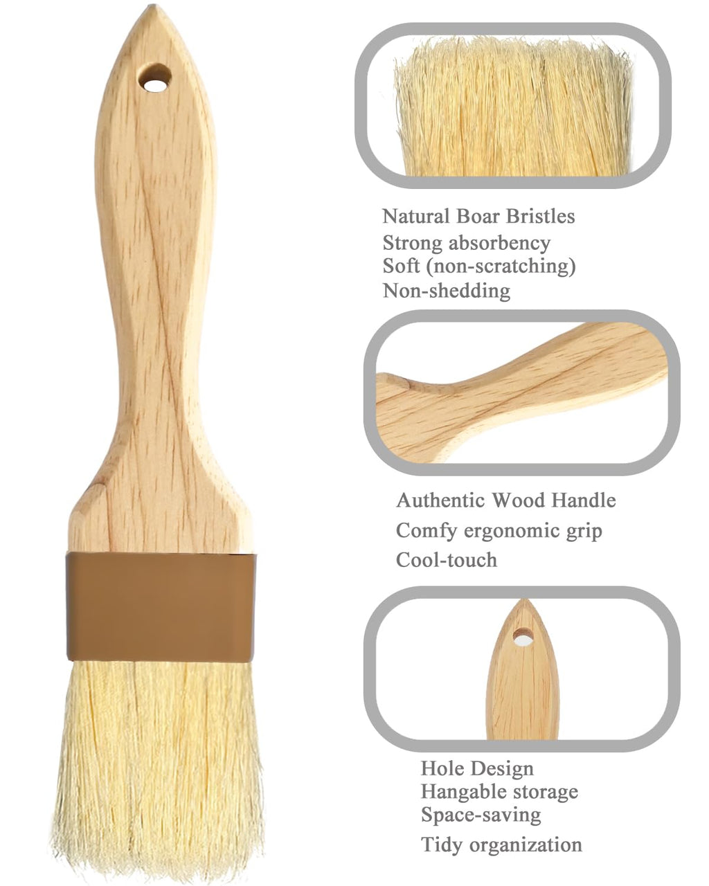 Pastry Brush,Basting Brush 2 in-Natural Boar Bristle Basting Brush for Cooking,Food Grade Brushes for Baking,Heat Resistant to Spread Oil,Sauce,Butter,Flour,Egg Wash Marinades for BBQ Barbecue(2 pc)