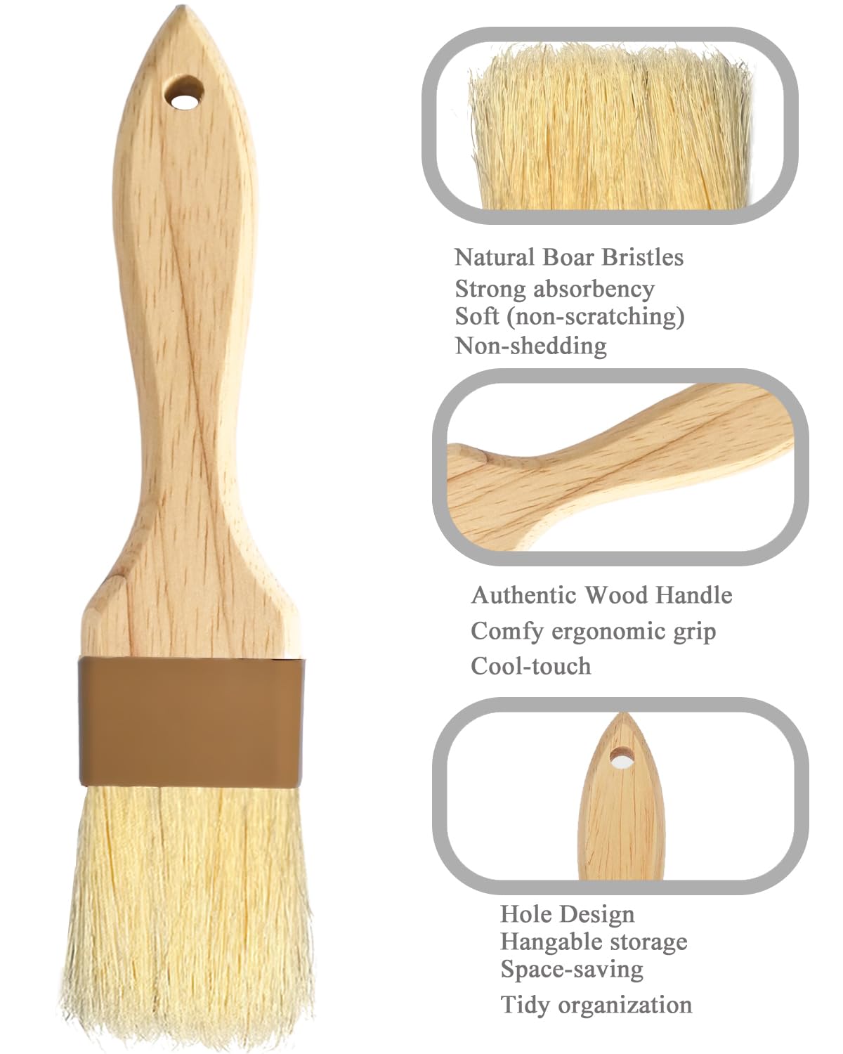 Pastry Brush,Basting Brush 2 in-Natural Boar Bristle Basting Brush for Cooking,Food Grade Brushes for Baking,Heat Resistant to Spread Oil,Sauce,Butter,Flour,Egg Wash Marinades for BBQ Barbecue(2 pc)