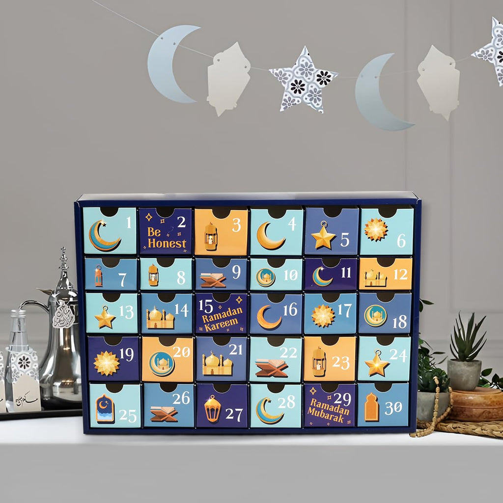 MOVINPE Ramdan Calendar with Drawers 2026 Ramadan Gifts for Kids, 30 Pre-Assembled Empty Boxes Eid Mubarak Coutdown Calendar Fillable Islamic Art Gift Box, Ramadan Party Supplies (Blue)
