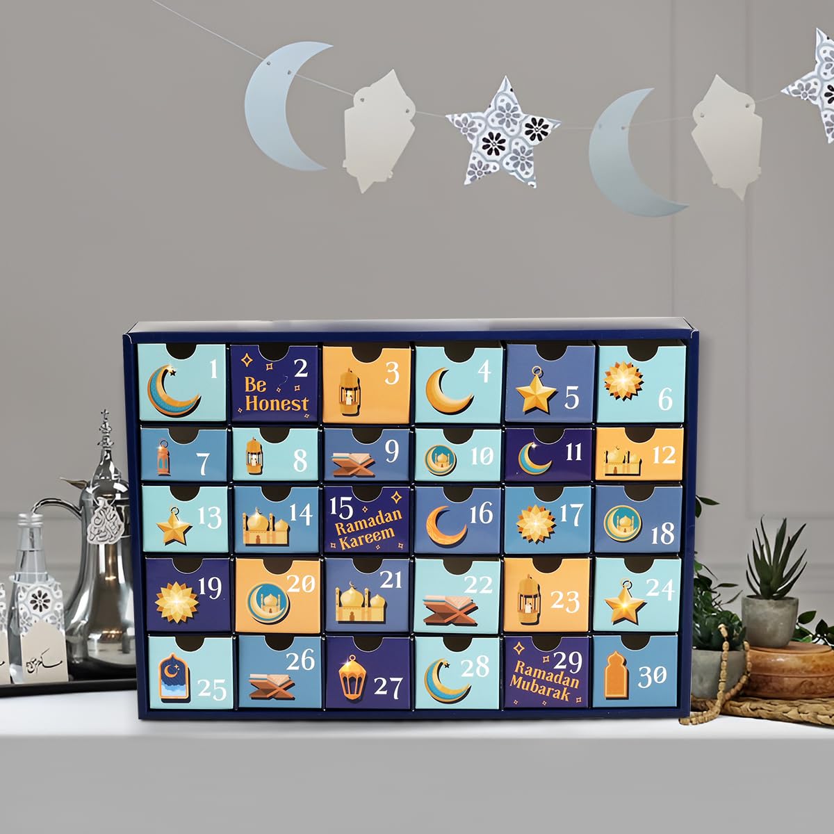 MOVINPE Ramdan Calendar with Drawers 2026 Ramadan Gifts for Kids, 30 Pre-Assembled Empty Boxes Eid Mubarak Coutdown Calendar Fillable Islamic Art Gift Box, Ramadan Party Supplies (Blue)