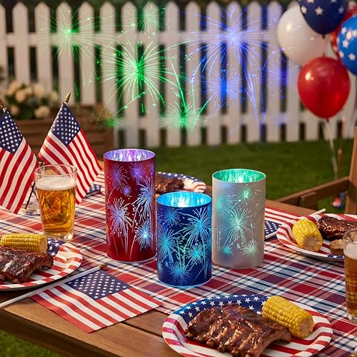 Patriotic Firework Lanterns Set of 3 with RGB LED Lights - Red, White & Blue