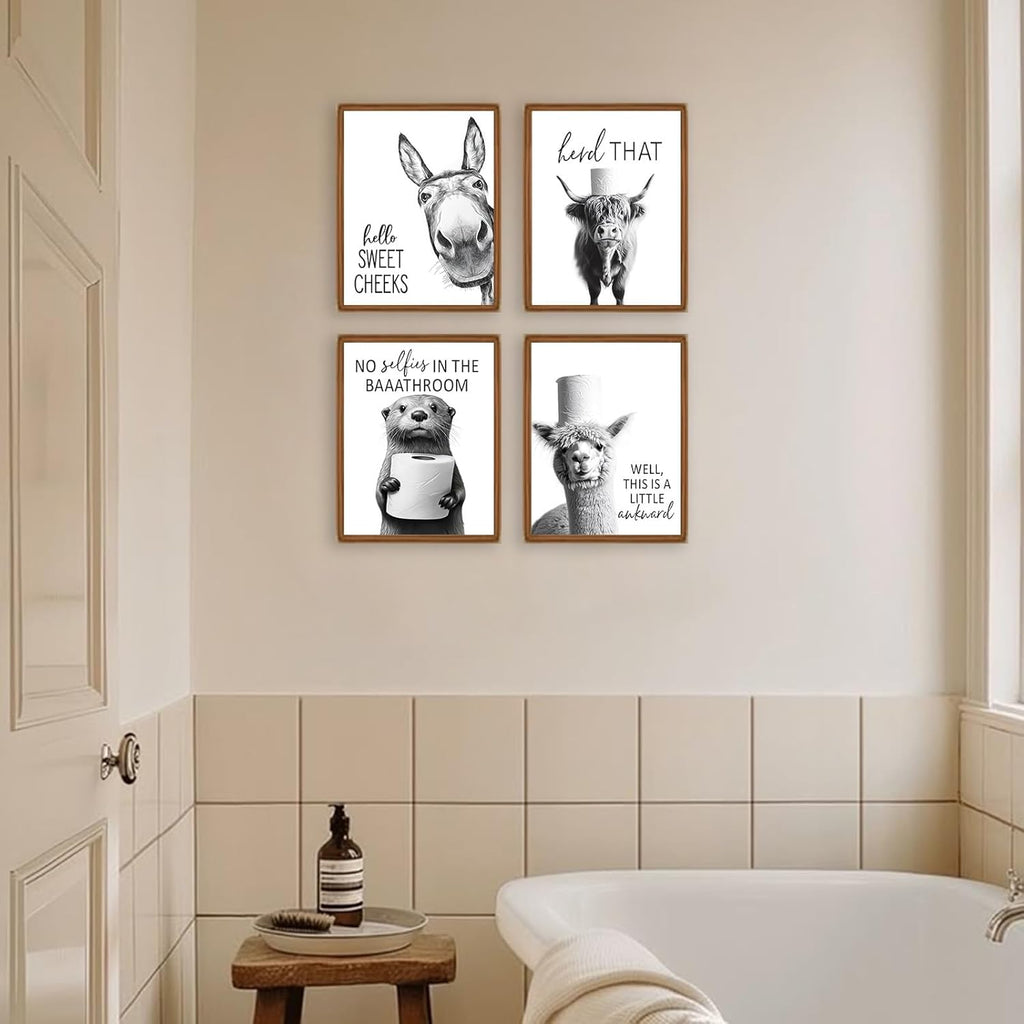 Regine Switzerland Funny Bathroom Wall Art - Rustic Black and White Animal Prints | Unframed 8x10 Inch Set of 4