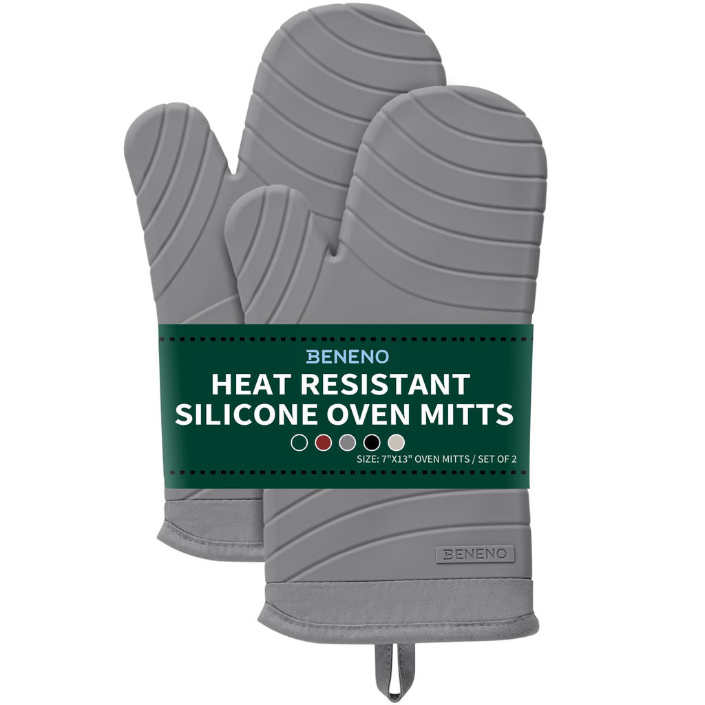 Beneno BPA-Free Silicone Oven Mitt 2-Pack Set, Heat Resistant 500°F Oven Mitts with Non-Slip Grip, Soft Thicker Lining, 7"x13", Gray