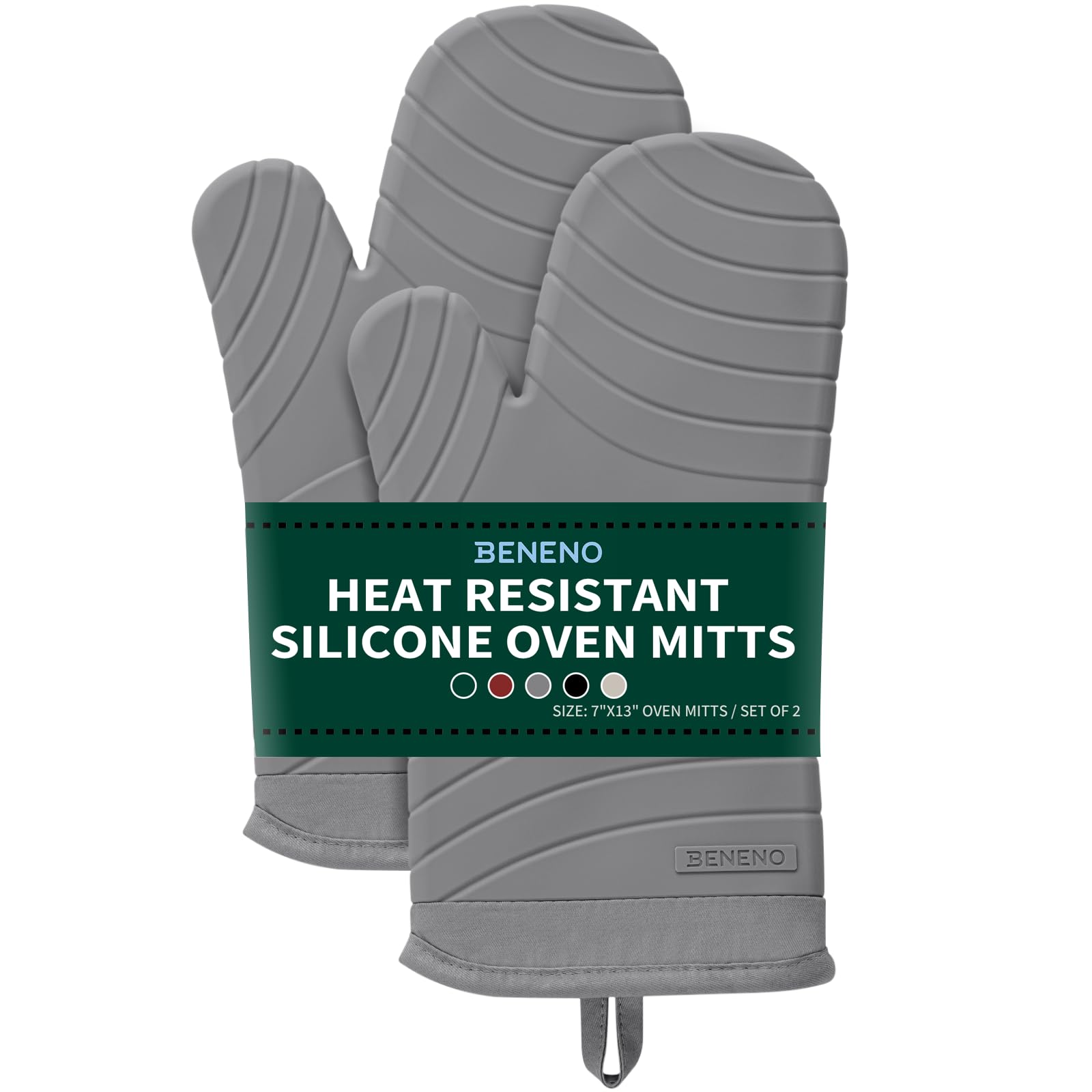 Beneno BPA-Free Silicone Oven Mitt 2-Pack Set, Heat Resistant 500°F Oven Mitts with Non-Slip Grip, Soft Thicker Lining, 7"x13", Gray