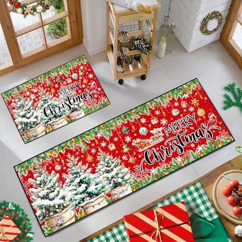 Christmas Kitchen Rugs Set of 2 Non-Slip Washable Snowflake Holiday Floor Mats