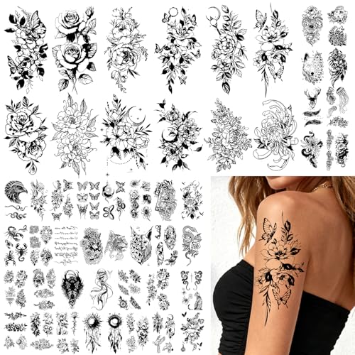 85 Sheets 3D Floral Temporary Tattoos Realistic Waterproof Fake Body Art