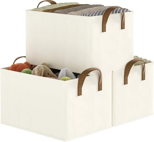 Closet Storage Bins by [Brand Name] - Fabric Organizers for Shelves | Collapsible Beige Baskets, 3 Pack