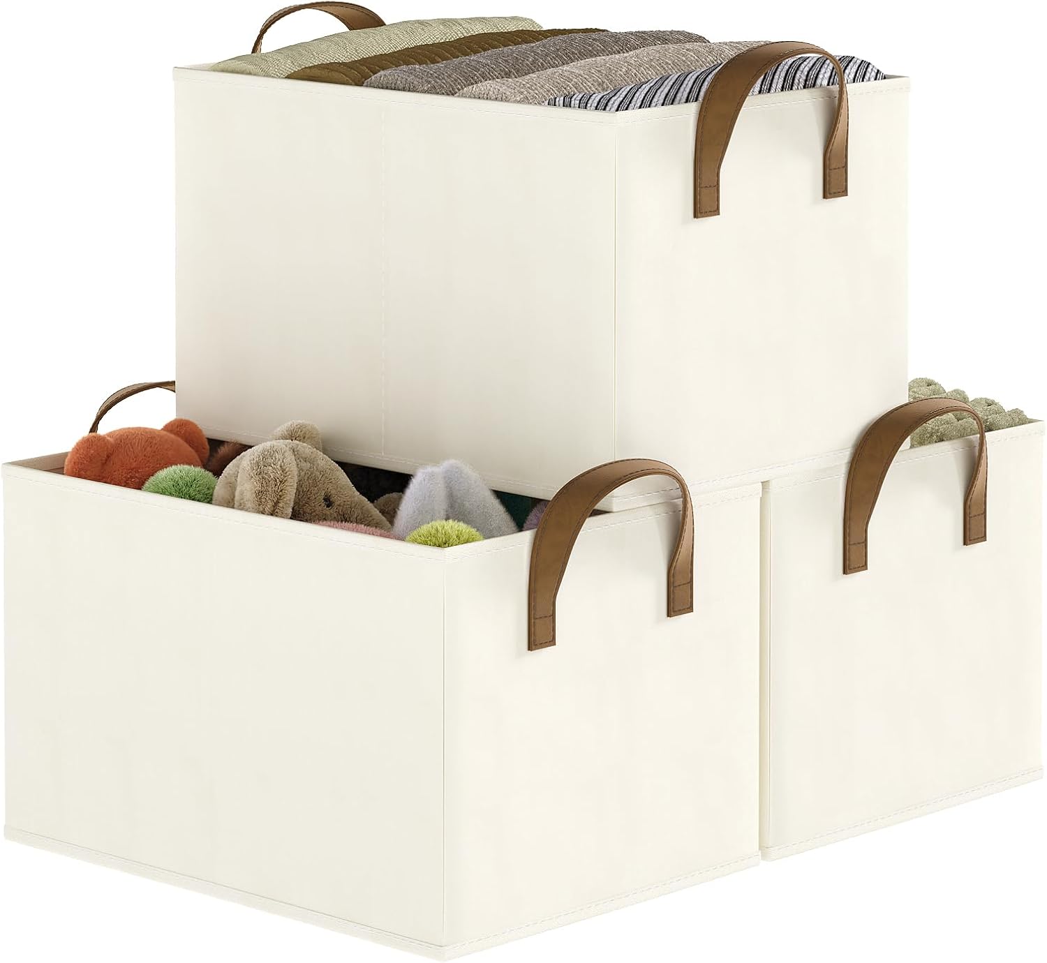 Regine Switzerland Closet Storage Bins - Fabric Organizers for Shelves | Collapsible Beige Baskets, 3 Pack