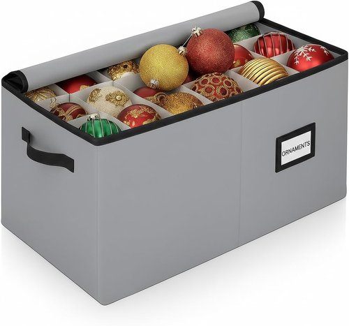 Christmas Ornament Storage Container - Large Zippered Organizer Bin with Dividers for 54 Ornaments | Adjustable Grey Design