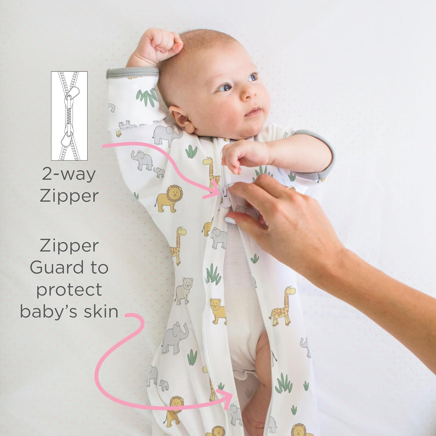 Skiennix Baby Swaddle Sack - Transitional Design with Arms Up Sleeves & Mitten Cuffs | Small, 0-3 Months, On Safari