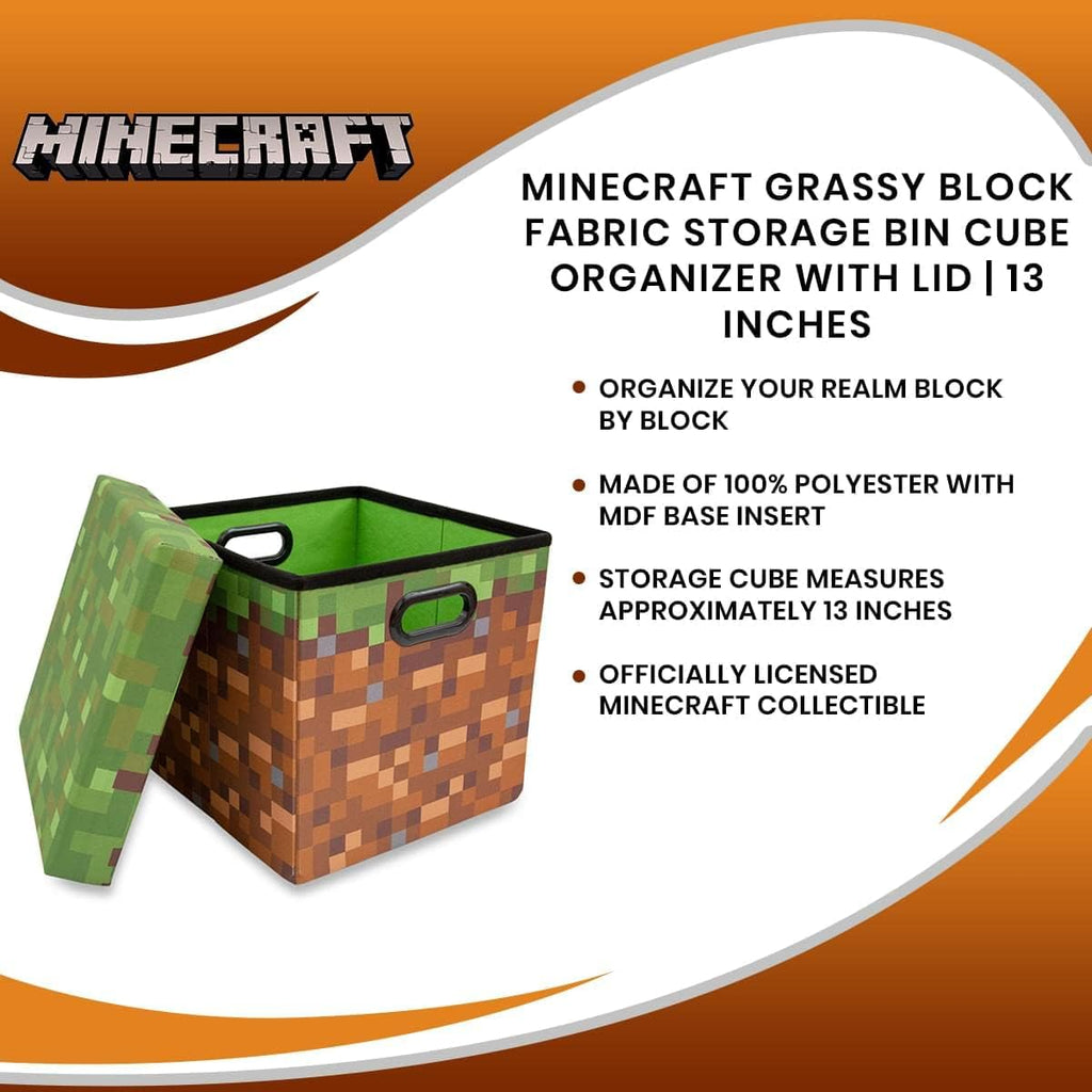 Minecraft Grassy Block Storage Bin - 13-Inch Foldable Fabric Chest with Lid | Versatile Organizer for Home Decor & Video Game Gifts