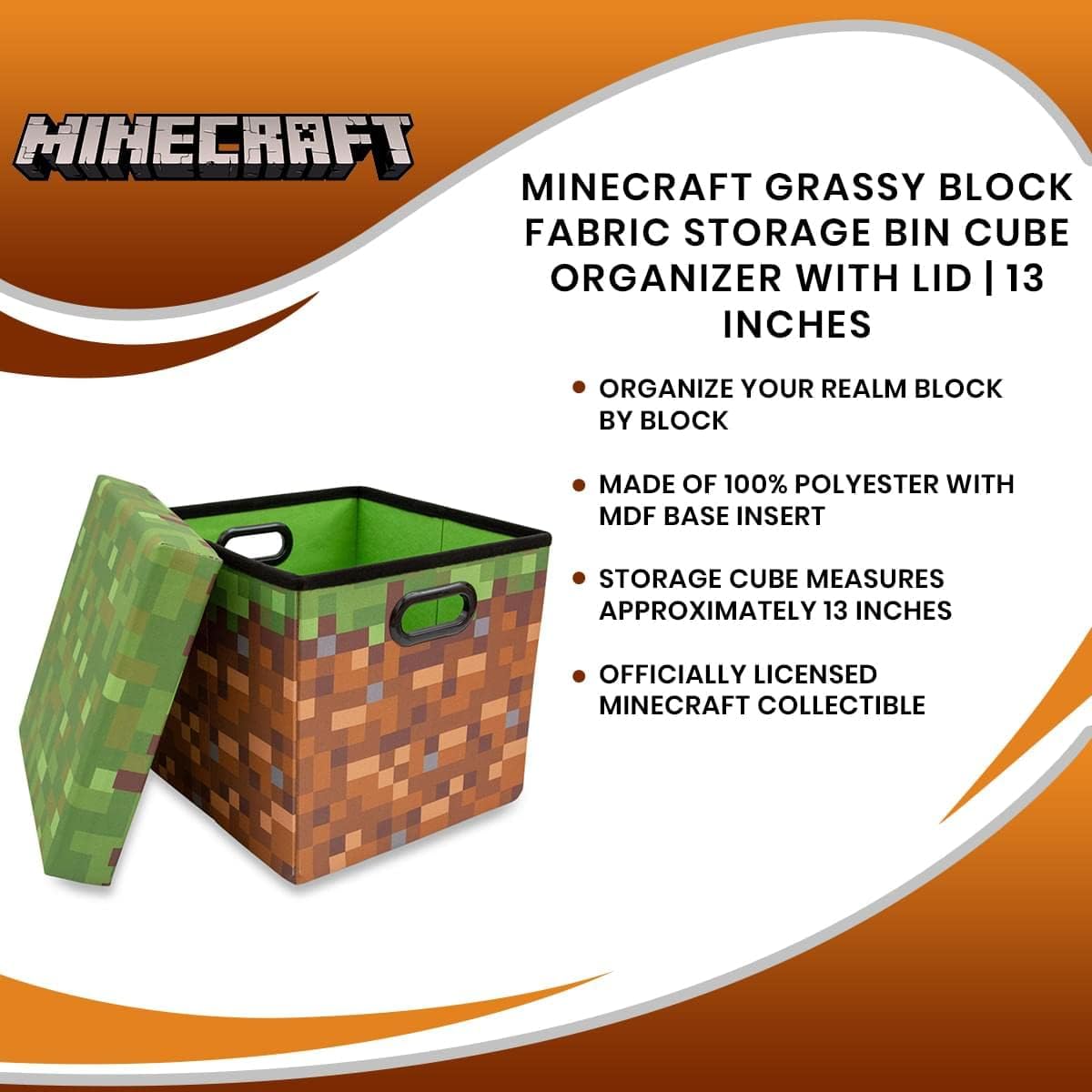 Minecraft Grassy Block Storage Bin - 13-Inch Foldable Fabric Chest with Lid | Versatile Organizer for Home Decor & Video Game Gifts