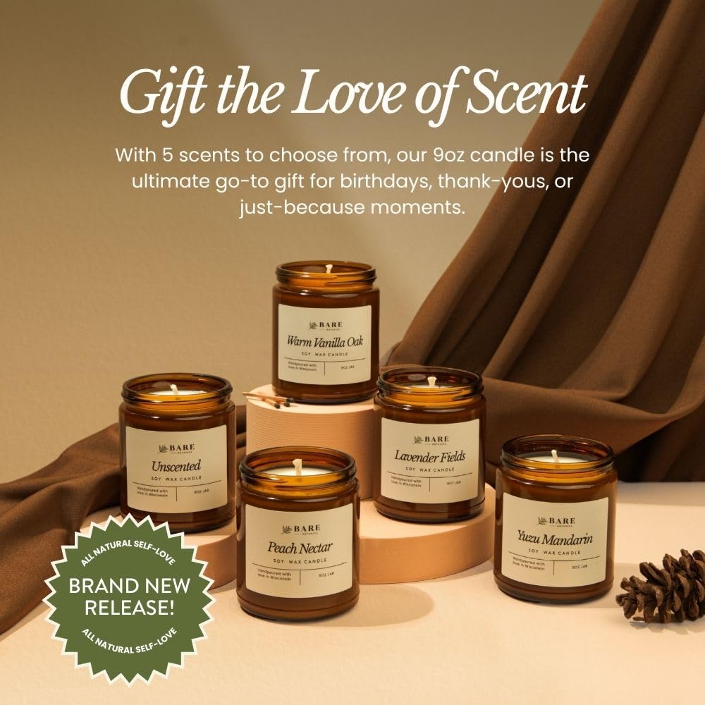 Bare Botanics Warm Vanilla Oak 9oz Soy Candle - 100% Plant-Based Fragrance Oils - Premium, Non-Toxic Candle - Softly Scented Natural Soy Wax - Handpoured in WI - 40 Hrs Long Burning & Ready to Gift