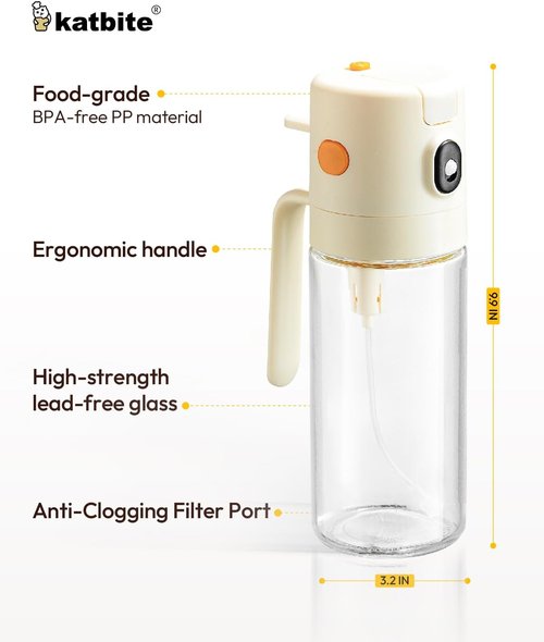 Katbite Olive Oil Dispenser Bottle - 2-in-1 Glass Oil Sprayer with Non-Drip Design | 18.6 oz Cream White