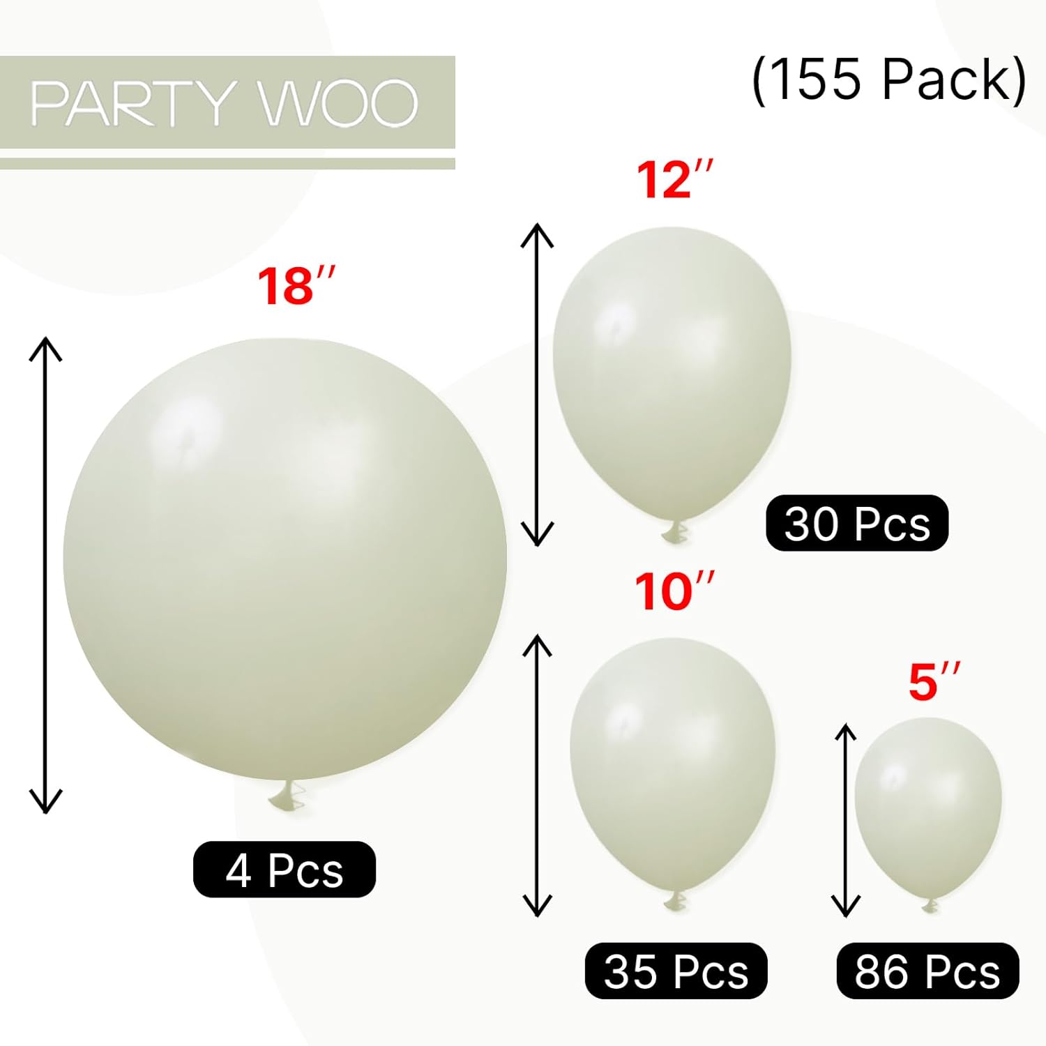 PartyWoo Sage Green Balloons - 155-Piece Latex Balloon Arch Kit for Weddings & Birthdays | Various Sizes 5-18 Inch