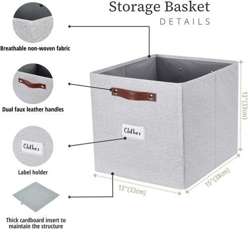 DECOMOMO Storage Baskets - 13x15x13 Cube Bins with Labels for Organized Shelves | Light Texture Grey (4pcs)