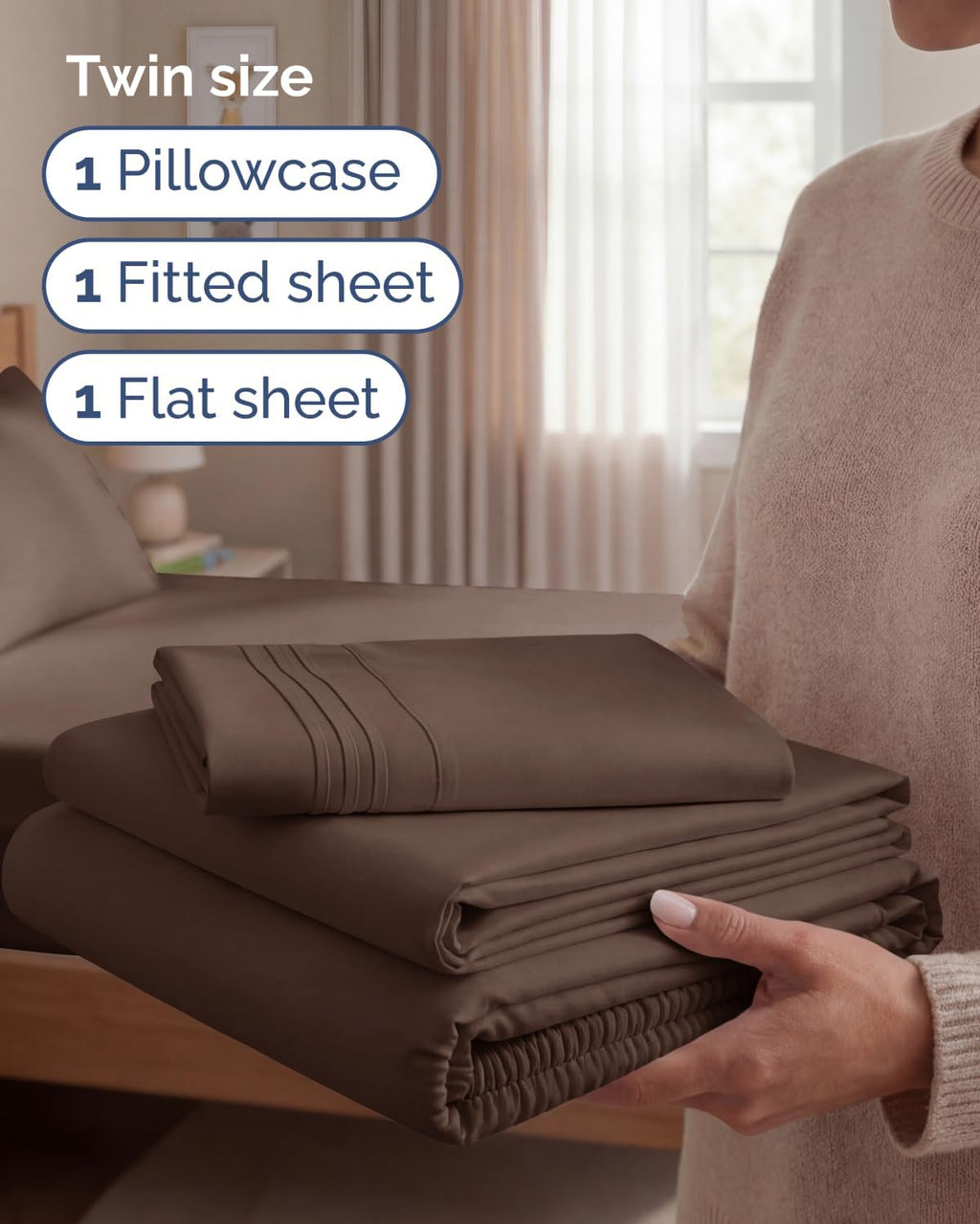 Comfy Twin Size 3-Piece Sheet Set by [Brand Name] - Breathable Cooling Bed Sheets | Ultra-Soft, Deep Pockets, Wrinkle-Free - Brown