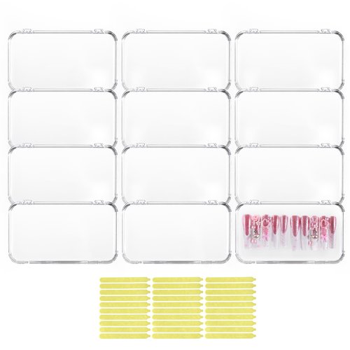 JynJyn 12Pcs Press On Nail Cases Large, 5.1”×2.95” False Nail Packaging Cases with 30Pcs Adhesive Double Sided Tape, Plastic Clear Box for Fake Nails Storage