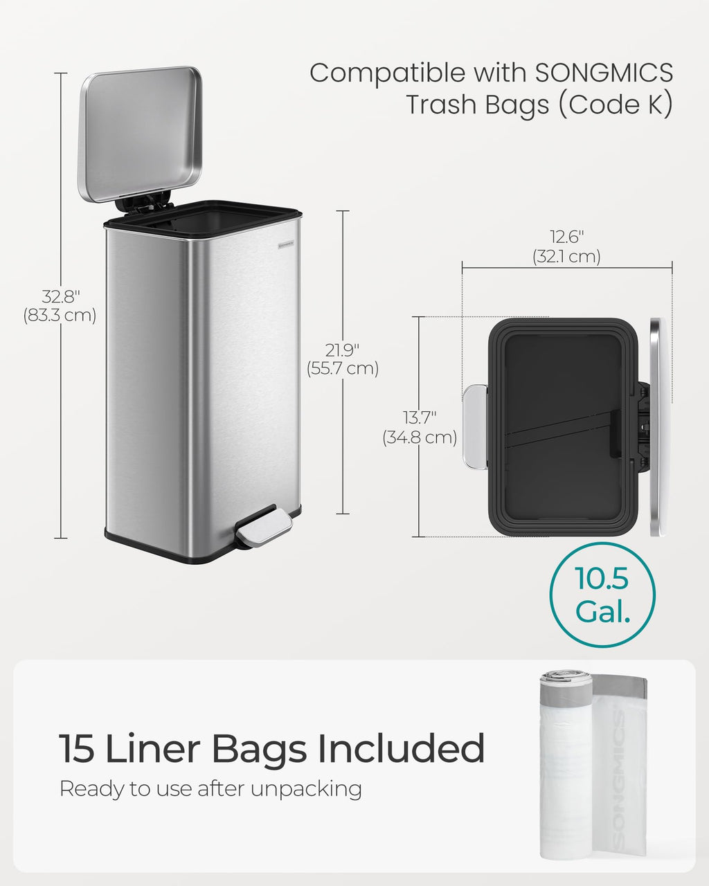 SONGMICS Kitchen Trash Can, 10.5 Gallon (40 L) Garbage Can, Large Step Trash Bin with Lid, Stainless Steel, Soft Close, 15 Trash Bags Included, Silver ULTB540E40