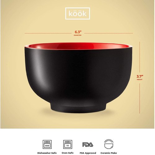 KooK Ramen Bowl - Large Ceramic Noodle Bowl Set | Microwave & Dishwasher Safe, 34 oz, Black/Red - Perfect for Ramen, Pho, Udon, Soba