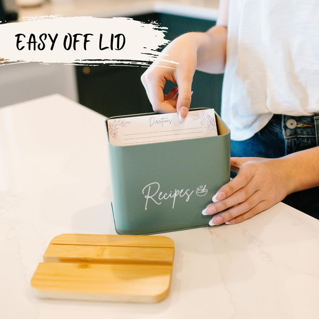 Sage Green Recipe Organizer with Wooden Lid - Set Includes 12 Dividers & 30 Blank 4 x 6" Recipe Cards