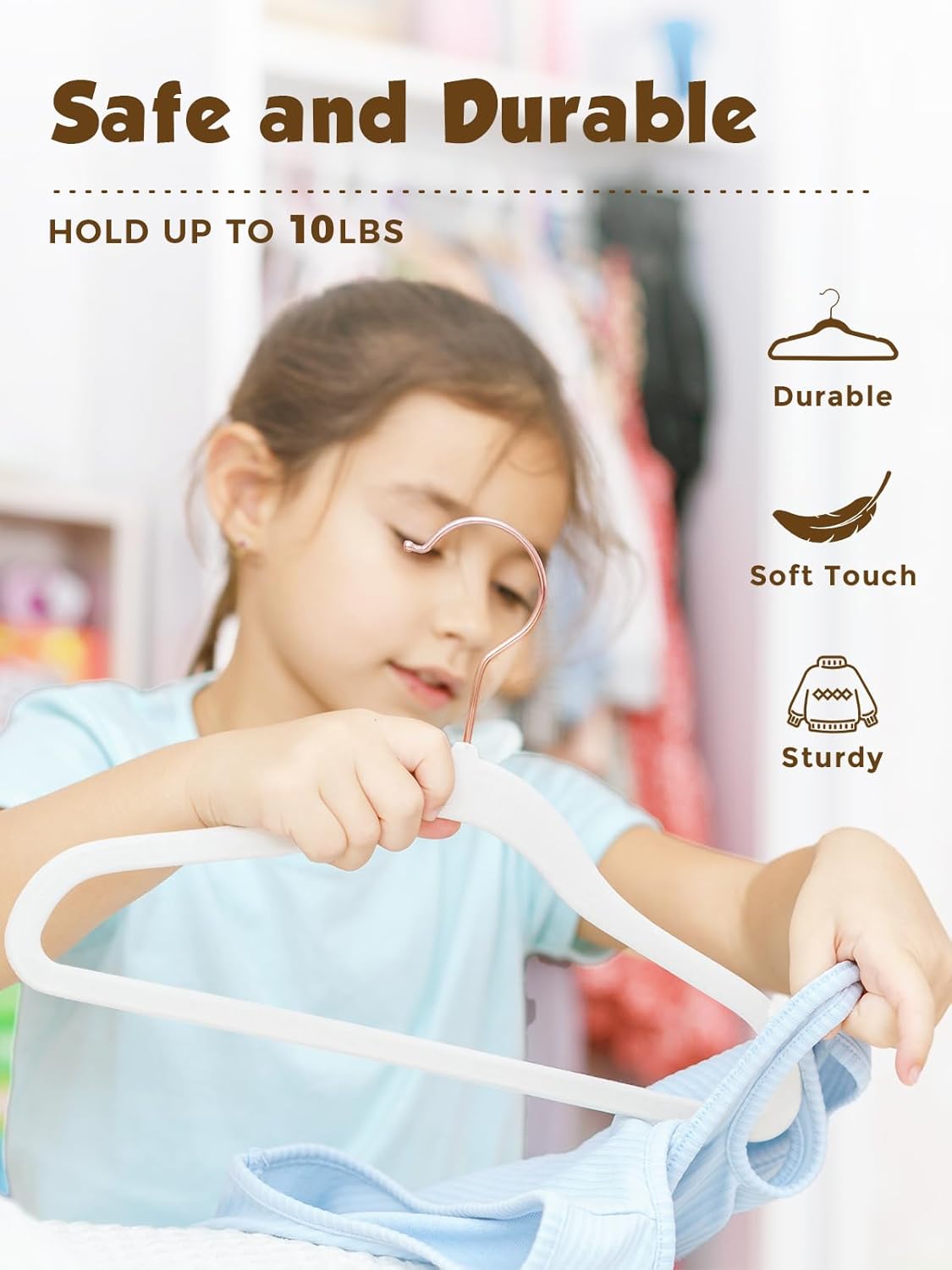 Smartor Kids Velvet Hangers - 50 Pack Premium Non-Slip Felt Hangers for Toddler Clothes | 14 Inch - White with Rose Gold Hook