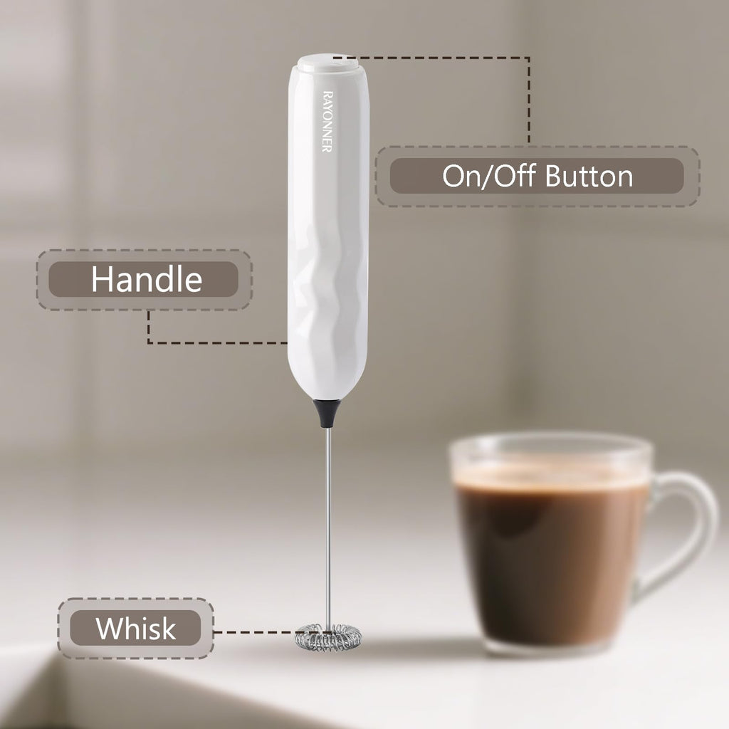 RAYONNER Milk Frother Handheld Fast Powerful Drink Mixer with Stainless Steel Whisk for Coffee, Battery Operated (White with Stand)