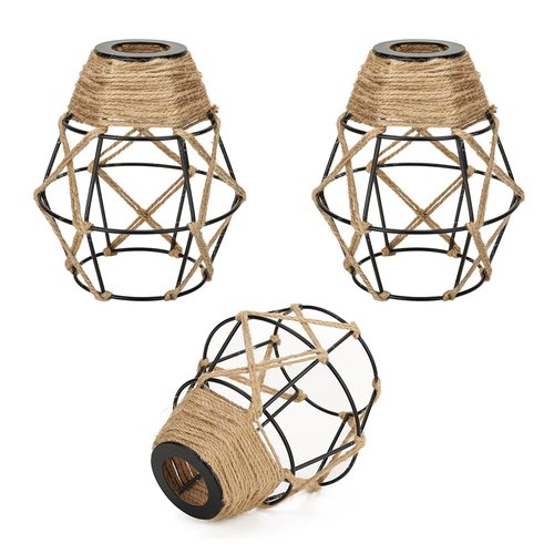3 Pack Industrial Hemp Rope Pendant Lamp Shade, Small Vintage Boho Hanging Light Shades, Mini Rustic Metal Cage Lampshade for E27 Chandelier Wall Sconces Ceiling Hanging Pendant Light Fixture