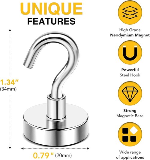 DIYMAG Magnetic Hooks - 50lbs Heavy Duty N52 Rare Earth Magnets | Essential 6-Pack for Home & Travel