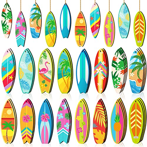 Christmas Wooden Hanging Ornaments Set - Beach & Surfboard Design, 36 Pieces with Twine - Holiday Decor