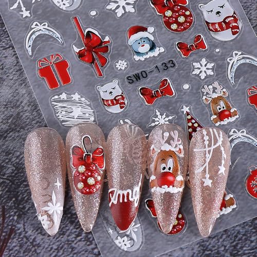 5D Embossed Christmas Nail Stickers Snowflake Bow Decals 3PCS