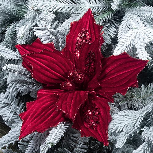 Red Velvet Christmas Poinsettia Flower Picks - 6pcs 10-Inch Holiday Decor