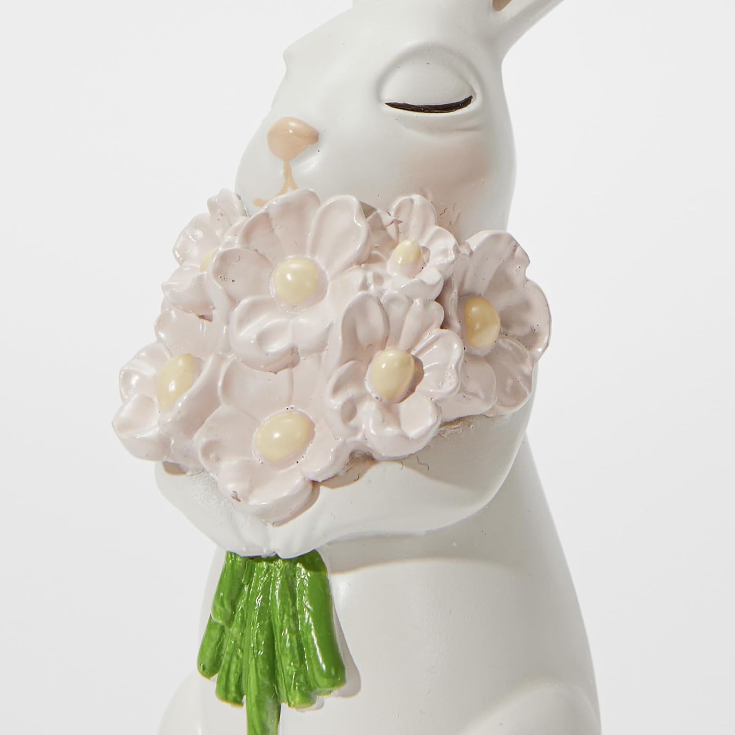 WDS WONDROUS Bunny Figurines Set - Cream White Bunnies with Pastel Flower Bouquets | Cute Spring Home Decor, Set of 2