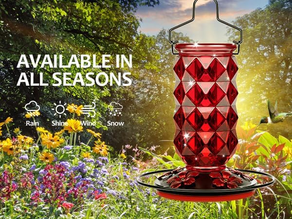 Skiennix Glass Hummingbird Feeder - 25oz Leak-Proof Nectar Feeder with Perch & 5 Flower Ports | Red Garden Decor