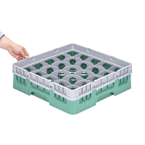 Restaurantware Clean Tek Professional 25 Compartment Glass Rack, 1 Heavy Duty Durable Tray, With 1 Full Drop Extender, Green Glass Holder For Restaurants, Bars, Pubs, Cafeterias, and Home Kitchens