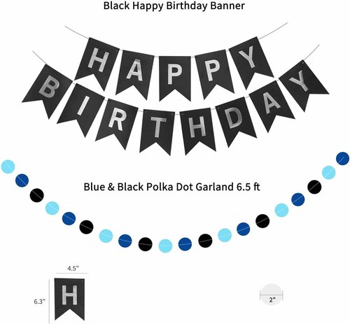 ANSOMO Happy Birthday Party Decorations - Blue & Black Banner, Balloons & Pom Poms | Perfect for All Ages