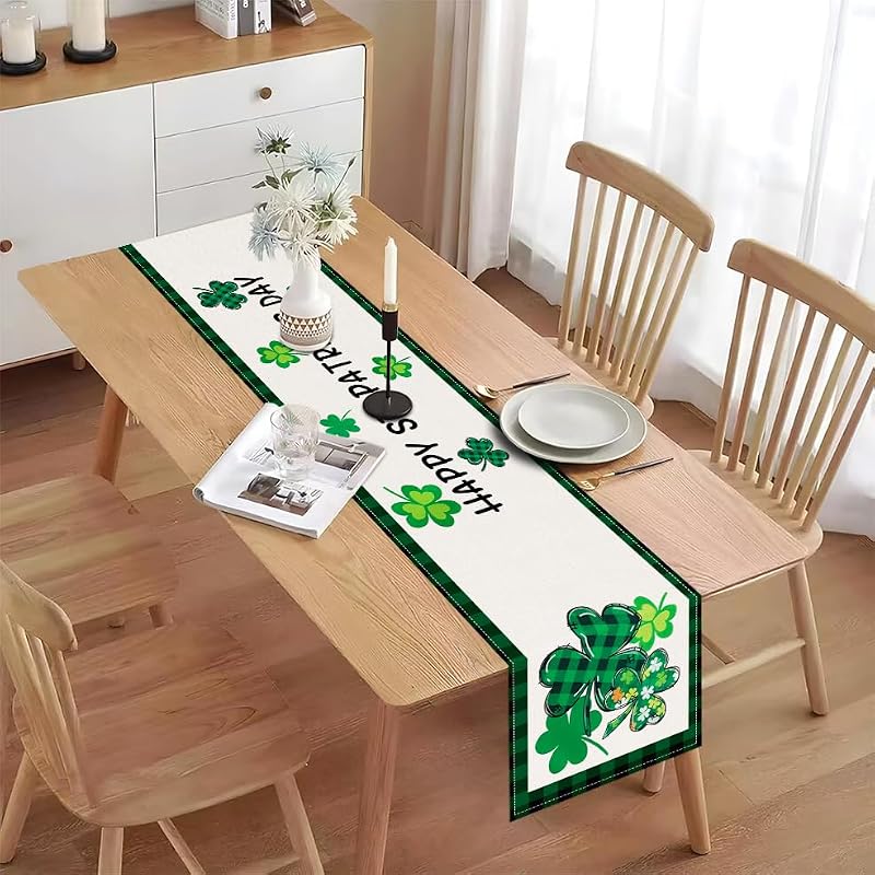St. Patrick's Day Table Runner - 72x13 Inch Shamrock Linen Decor