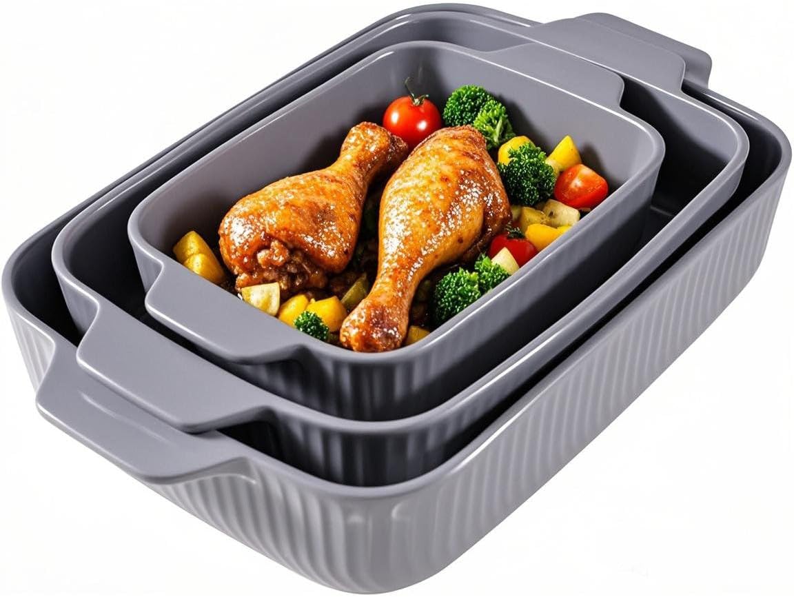 Yachi Ceramic Casserole Dishes Set - 3-Piece Rectangular Bakeware with Handles | Microwave & Dishwasher Safe, Gray (14.8''/12.7''/9.8'')