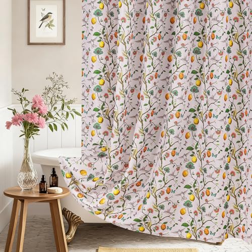 Fammio Pink Floral Hummingbird Shower Curtain, 72x72 Botanical Bath Decor