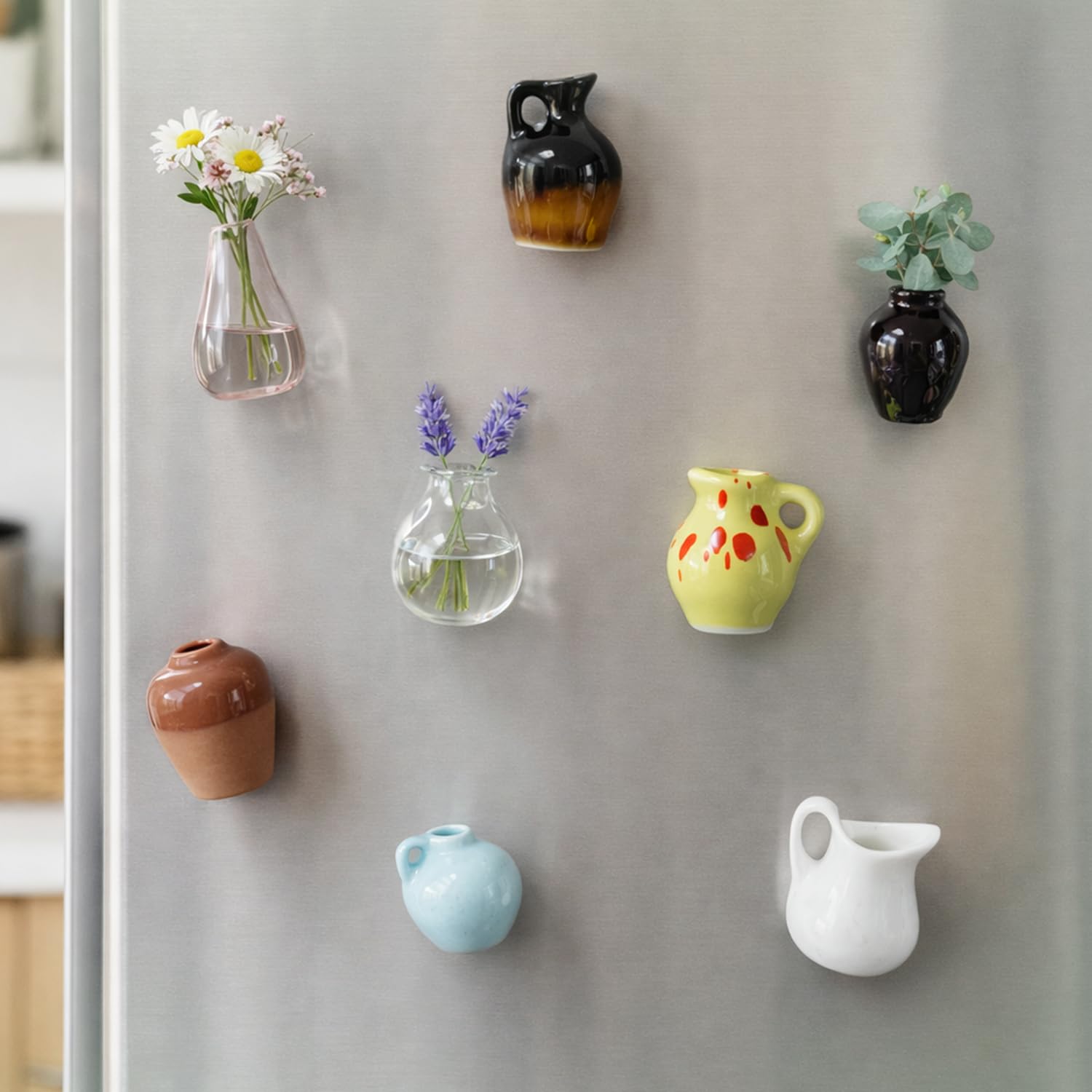 Cute Mini Ceramic Vase Magnets for Fridge, Funny Small Plant Magnets, Tiny 3D Plant Vase for Refrigerator Decoration Kitchen Locker Kitchen Office (8 Pack)