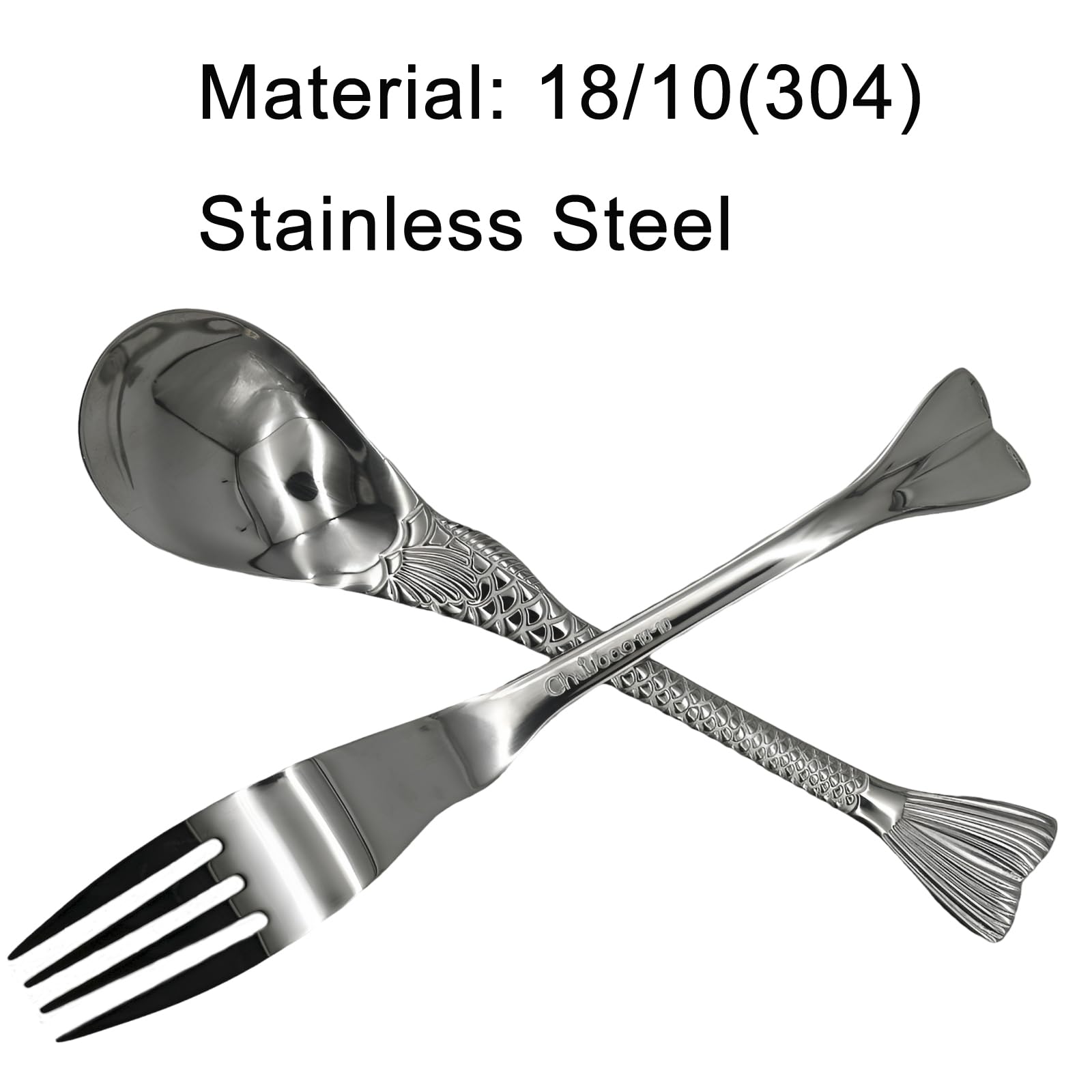 Pinenjoy 2Pcs Fishtail Handle Spoon and Fork Silver 18/10(304) Stainless Steel 7.5inch Asian Soup Spoon Dinner Fork Set for Porridge Cereal Salad Spaghetti