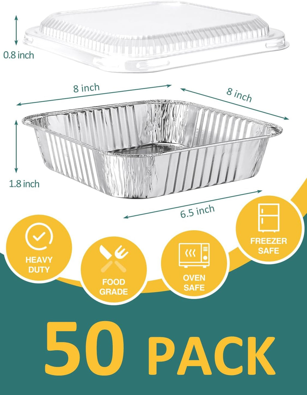 NEEBAKE 50 Pack 8x8 Aluminum Pans with Lids - Disposable Square Foil Baking Containers for Cakes & Bread