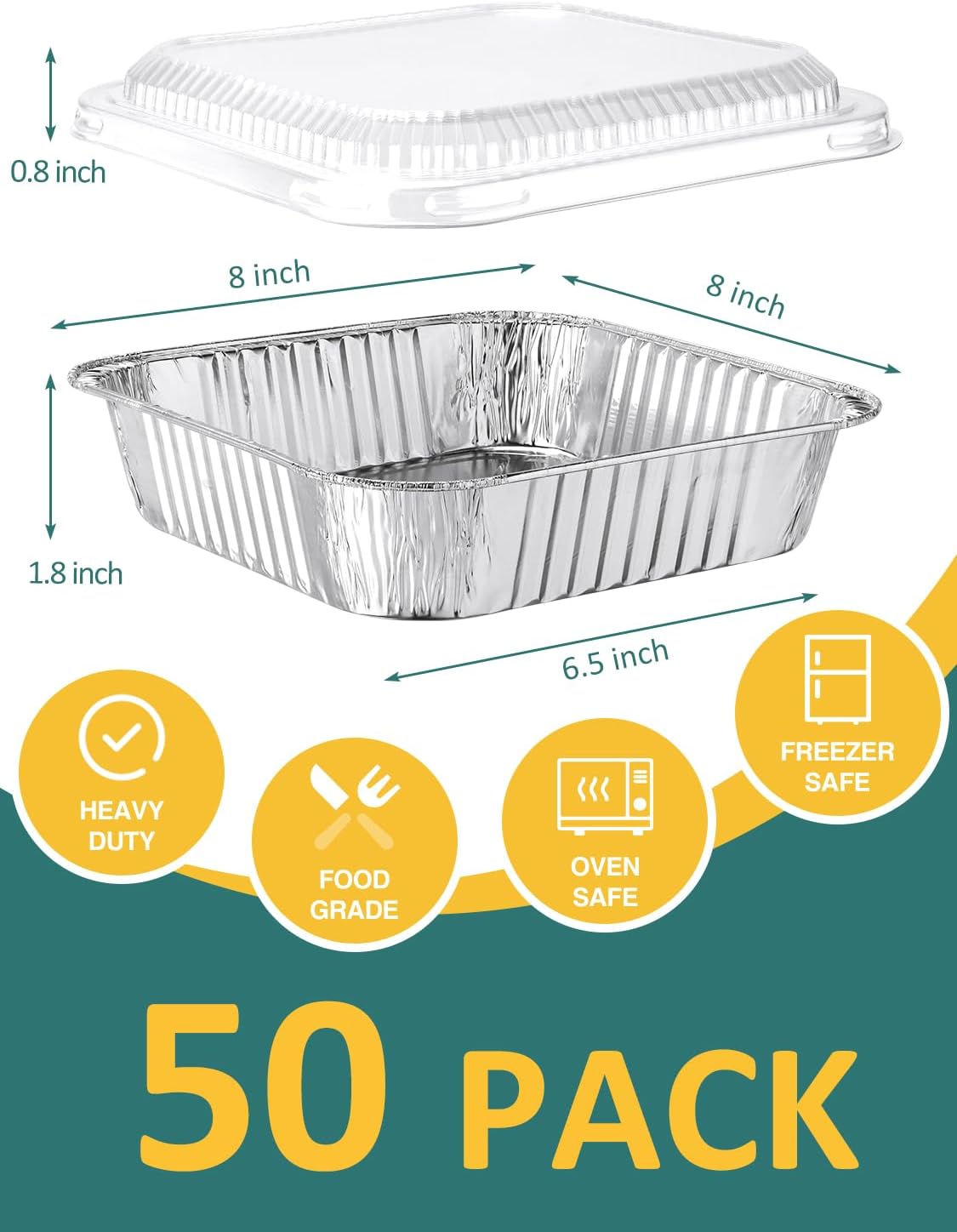 NEEBAKE 50 Pack 8x8 Aluminum Pans with Lids - Disposable Square Foil Baking Containers for Cakes & Bread